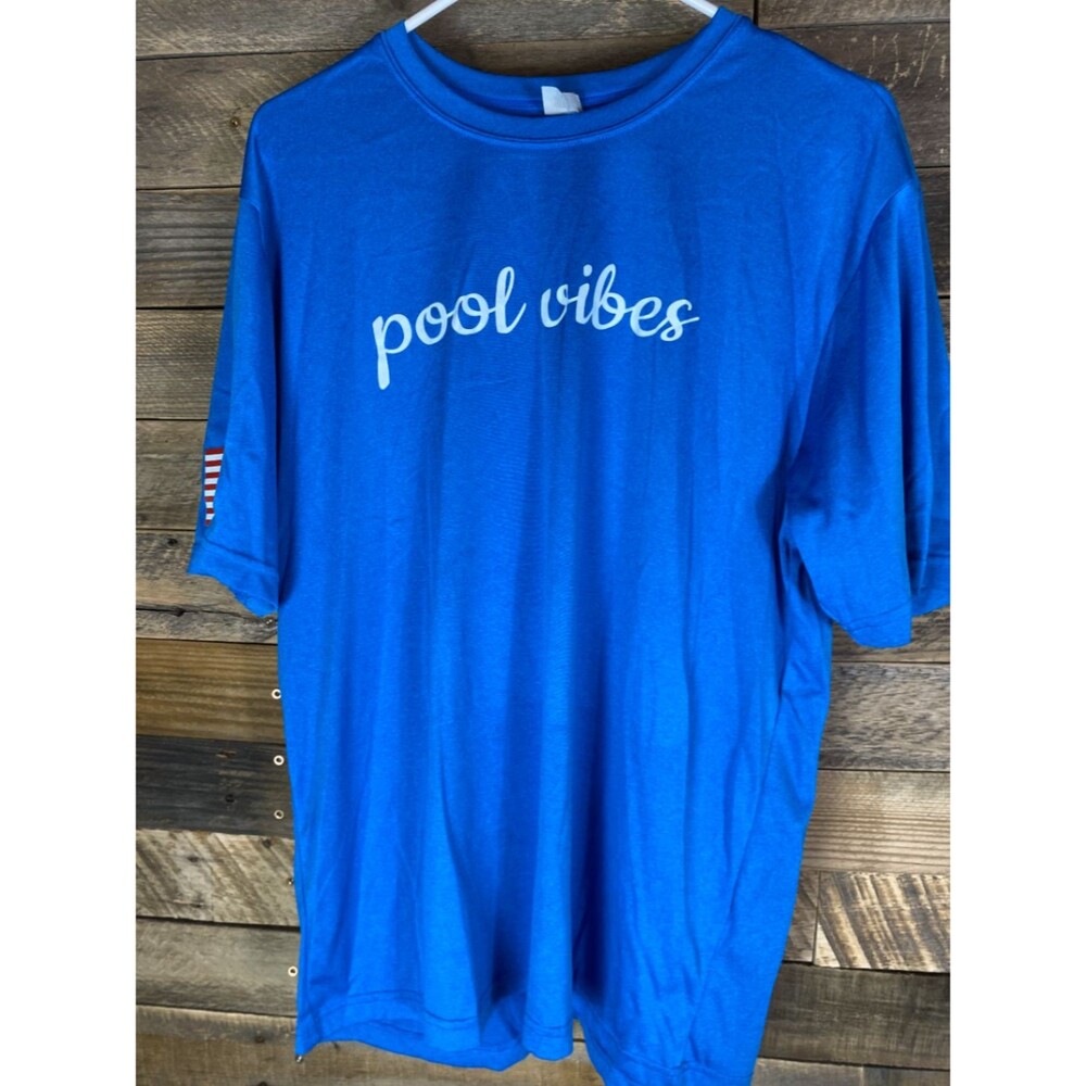 SPORT-TEK Mens Sz L Royal Blue Tee Pool Vibes American Flag Shelby Landscaping